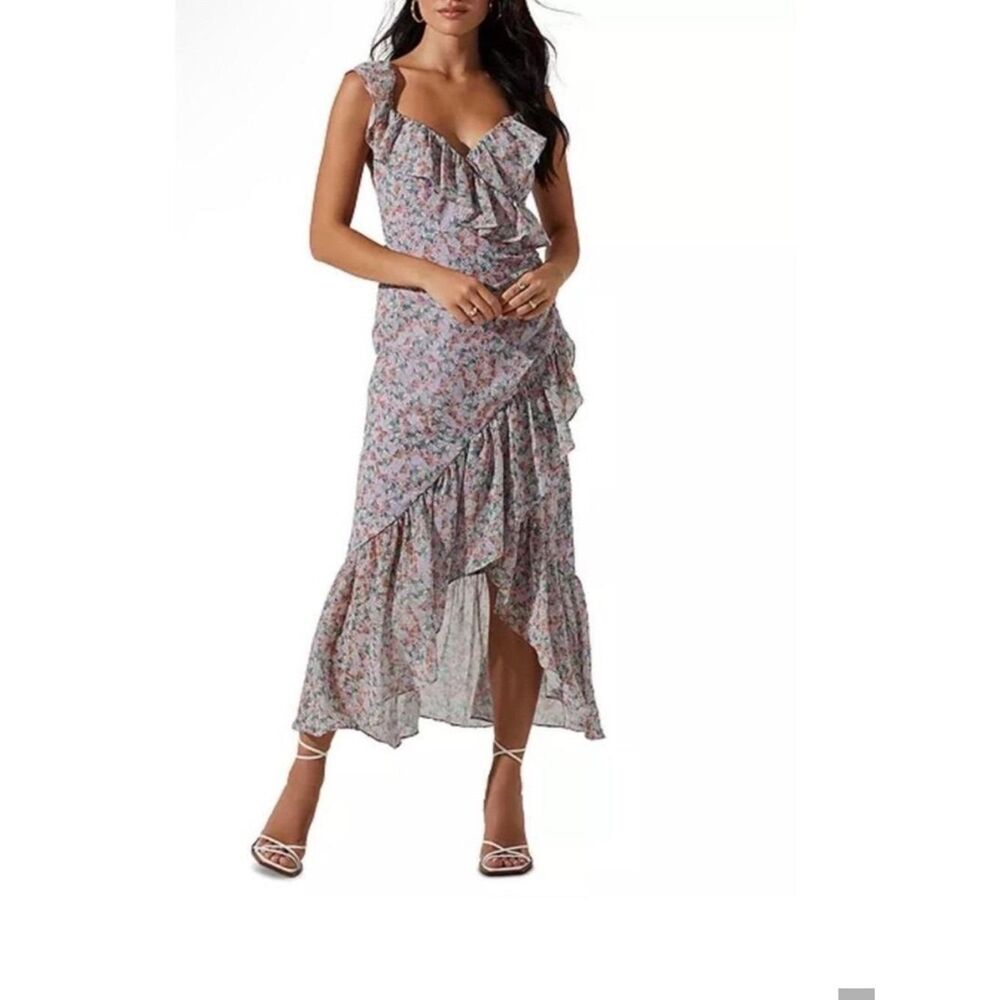 ASTR the Label Lilac Orange Floral Ruffle High-Low Midi Dress ACDR101550 Size M